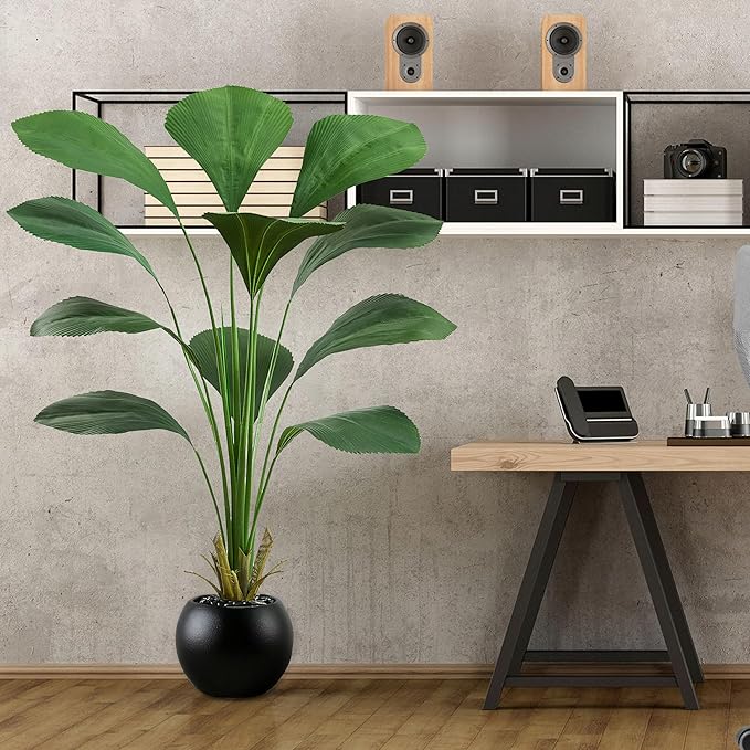 Artificial Sumatra Palm Tree: 5FT Fake Licuala Fan Palm Tree Faux Tropical Plant Realistic Tall Floor Plant in Black Egg-Shaped Pot for Home Living Room Office Decor Patio Hotel Indoor Outdoor