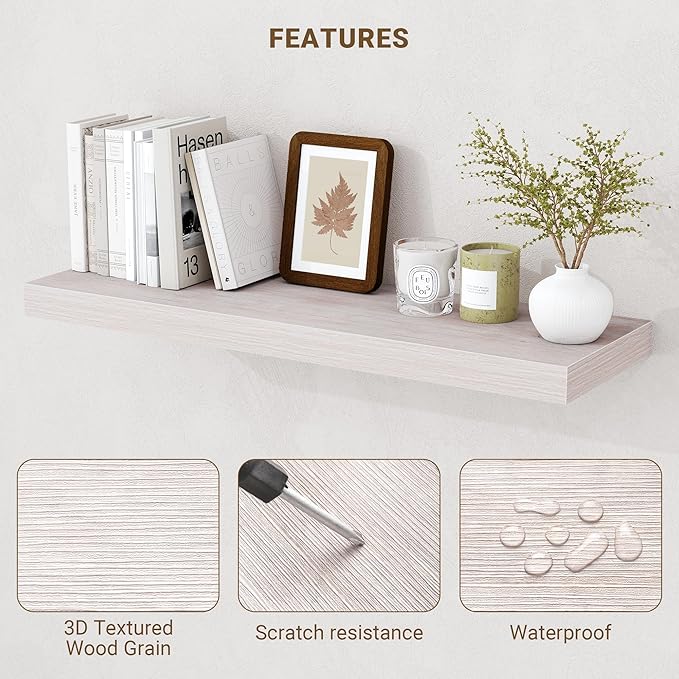 48 Inch Floating Shelves, 3D Textured Wood Grain, 48"x9.25"x1.5" Inch Deep Floating Shelves for Wall, Wooden Shelves for Bathroom, Bedroom, Living Room, Washed White, 1 Piece