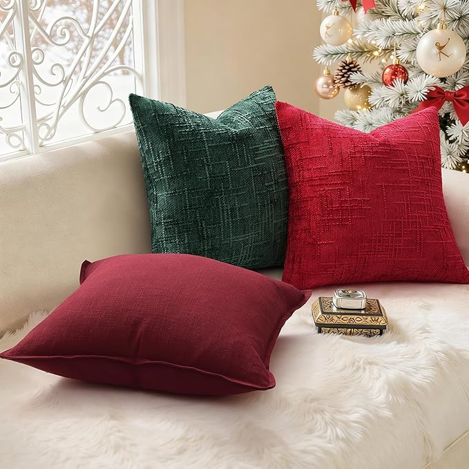 decorUhome Christmas Green Chenille Throw Pillow Covers 22x22 Set of 2 Thick Textured Slubby Couch Pillow Covers Farmhouse Accent Modern Neutral Decorative Pillow Cases for Bed Sofa Living Room