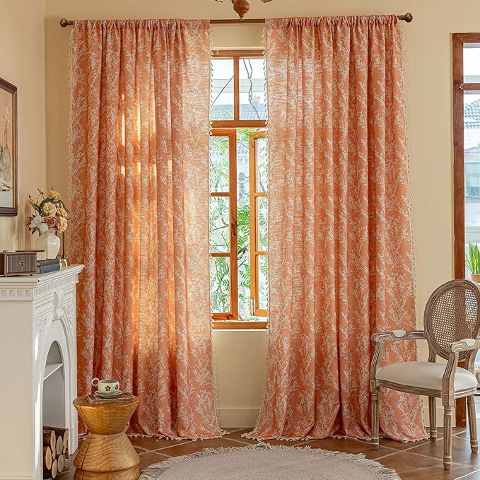 OYX Orange Curtains 96 Inch Length Boho Farmhouse Printed Floral Curtains for Bedroom 2 Panels, Burnt Semi Sheer Vintage Rustic Drapes for Living Room, Rod Pocket Tassel Decor Window Treatment