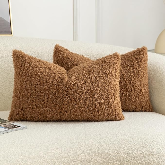 Pack of 2 Curly Teddy Wool Faux Fur Throw Pillow Covers Fuzzy Accent Soft Sherpa Pillowcases Sheepskin Fleece Decorative Cushion Case for Sofa Couch Living Room 12x20 Inch Bronze