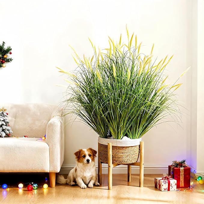 39 inches Extra Lush Artificial Reed Grass (6pcs), Luxury Fake Tall Plants with 12 Heads Dogtail Flower, Luxury Faux Tall Greenery with Dogtail for Garden Porch and Home Decor (Pink-12)