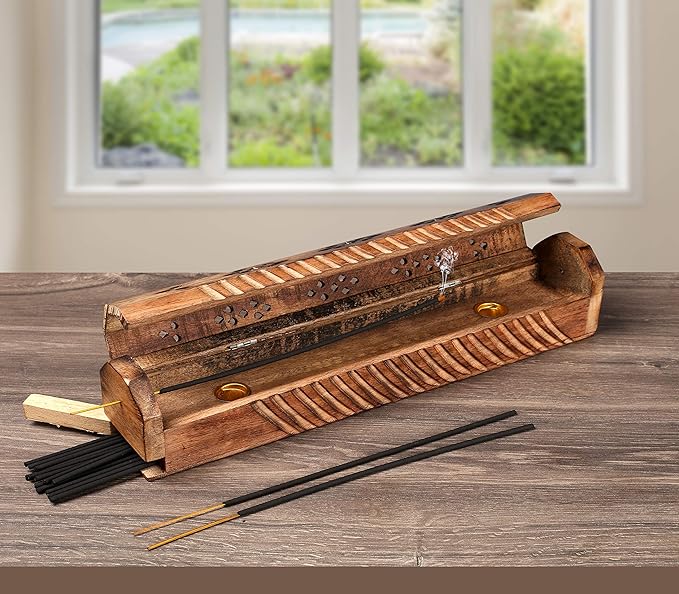 The Wooden Town Hand-Carved Coffin Incense Stick & Cone Burner Holder with Storage – Ash Catcher Stand, Burnt Finish – 12"x2.25"x2.75", Wooden Incense Holder for Sticks & Cones