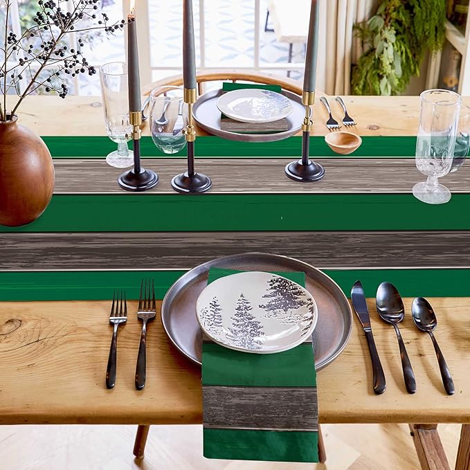 Vandarllin Table Runners 14X48 Inches Long, Forest Green Brown,Cotton Linen Farmhouse Retro Rustic Barn Wood Texture Tablecloths Non-Slip Party Table Decorations for Kitchen,Home,Dining,Outdoor,