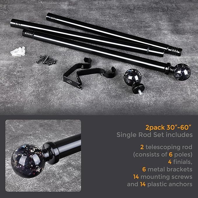 2 Pack Black Curtain Rods for Windows 28 to 48 Inch, 1'' Heavy Duty Adjustable Drapery Rod with Unique Crystal Ball Finials, Modern Decorative Curtain Rod,Size; 30-60''