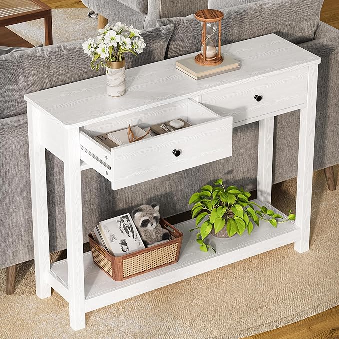 Gizoon Console Table with Drawers, Sofa Table with Storage Shelves, 2-Tier Wooden Entryway Table for Living Room, Kitchen, Hallway, Foyer, White