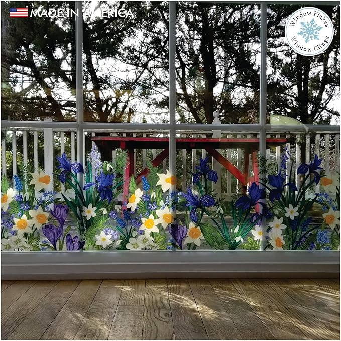 Botanical Springtime Flower Window Cling Decal. Crocuses, Ferns, Daffodils, Snowdrops. Home Decor Decoration for Glass. Spring Vinyl Sticker. Made in America.