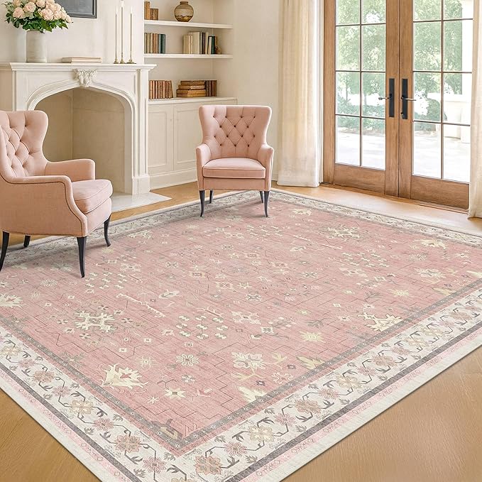 Pink and Gold Girls Rugs for Bedroom, 4x6 Non Slip Nursery Floral Area Rug, Machine Washable Kids Playroom Mat, Vintage Thin Low Pile Carpet for Living Room, Dorm