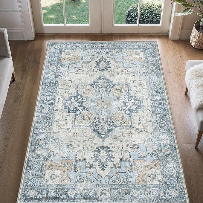 4x6 Area Rugs for Living Room, Machine Washable Rug, Non Slip Vintage Rugs, Low Pile Lightweight Print Rug for Bedroom, Dining Room, Home Office, Blue