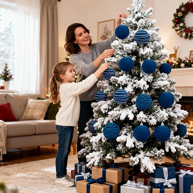 Artmag 6Pcs Velvet Christmas Ornaments Balls Sets for Christmas, Plastic Shatterproof Xmas Tree Flocked 3.94 inch Ornaments Balls for Winter Holiday Decor (Blue)