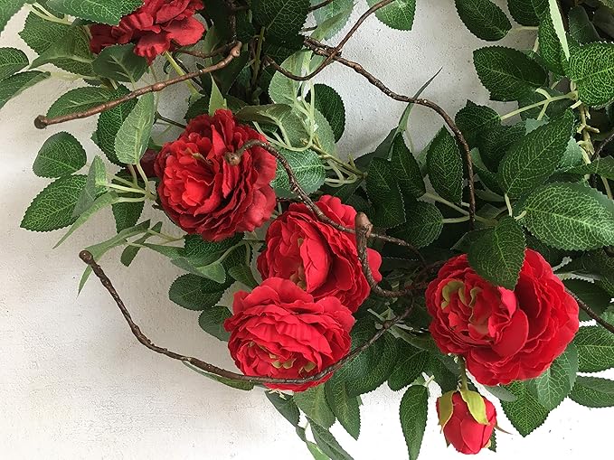 Huashen 24 Inch Blossom Cabbage Rose Wreath, Flame Red & Burgundy Flower Ivy, Everyday Farmhouse Wreath for Festival Celebration, Front Door, Wall, Window Hanging