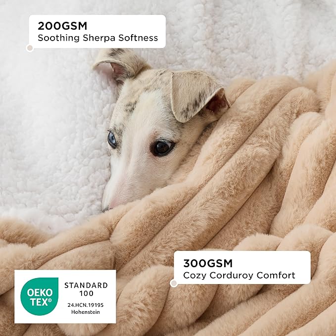 Bedsure Waterproof Dog Blankets for Large Dogs - Soft Pet Cat Blanket Corduroy Fleece for Couch Bed Protector Washable, Cozy Calming Reversible Furniture Protection for Puppy,50"x60", Tuscan Beige