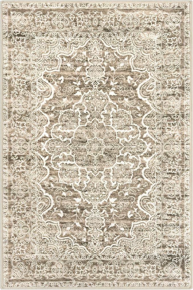 KUTA Vintage Area Rug 5x7 Beige Brown, Washable Rugs for Living Room Soft Non-Slip Printed Distressed Tribal Traditional Farmhouse Carpet for Bedroom Dining Room Dorm Office Home Decor