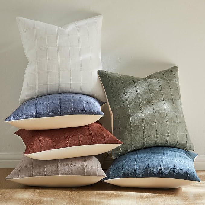 ZeeMart Linen Checked Throw Pillow Covers Set of 2, 22x22 Inch Navy/Cream, Farmhouse Decorative Single Sided Grid Embroidered Couch Pillow Cases Dark Blue Cotton Linen Cushion Covers