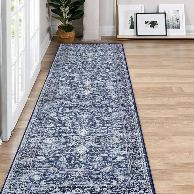 KILOCOCO Hallway Runner 2x8 Rug Runner Printed Vintage Floral Washable Kitchen Runners Non-Slip Rubber Backed Runners for Hallways Laundry Room Distressed Boho Rugs for Entryway Bedroom, Blue