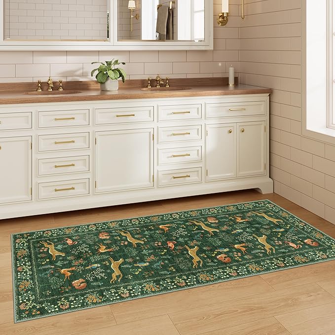 DUKINO 2x5 Rug for Hallway, Washable Kitchen Runner Rug with Non Slip Backing, Soft Low Pile Vintage Animal Runner for Bedroom, Kitchen, Hallway, Entryway, Laundry, Green