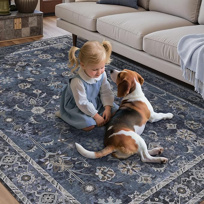 Tangsoo 2x12 Washable Long Runner Rug for Hallway Non Slip, Boho Floral Vintage Carpet Runner Rugs for Entryway Kitchen, Floor Low Pile Runners for Laundry Bedroom Alfombra Blue Black Farmhouse