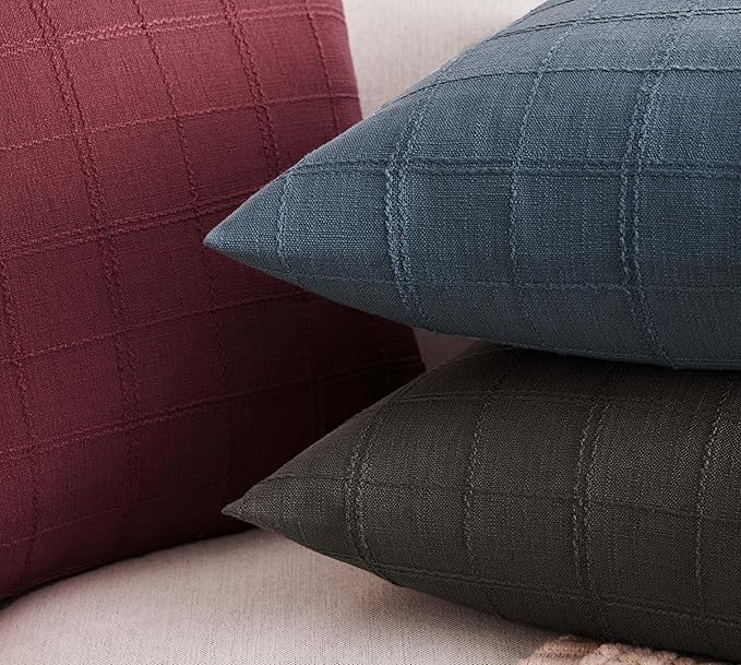 ZeeMart Linen Checked Lumbar Throw Pillow Covers Set of 2, 12x20 Inch Allover Grid Navy, Farmhouse Decorative Double Sided Grid Embroidered Couch Pillow Cases Navy Cotton Linen Cushion Covers