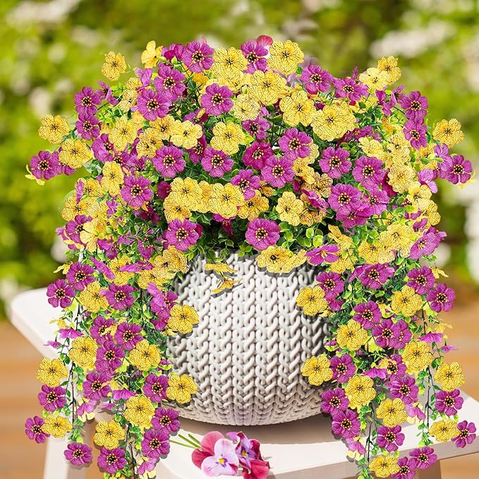 Artificial Flowers for Outdoors 6PCS，All Weather Fade Proof, UV Resistant Waterproof Realistic Faux Silk Mums Daisies Purple & Yellow for Hanging Planters Porch Patio Balcony Deck Fence Garden Decor