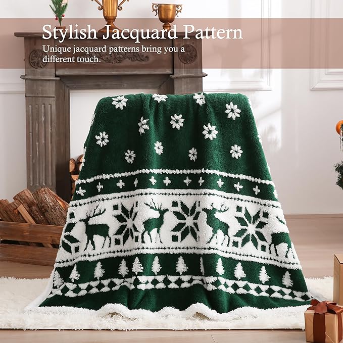 SOCHOW Christmas Holiday Jacquard Sherpa Fleece Throw Blanket, Fuzzy Warm Super Soft Reversible Plush Blanket for Bed, Sofa and Couch, 50 x 60 inches, Green