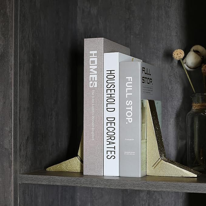 Cast Iron Geometric Decorative Bookends, Sharp Triangle Theme, Heavy Duty, Set of 2 Gold