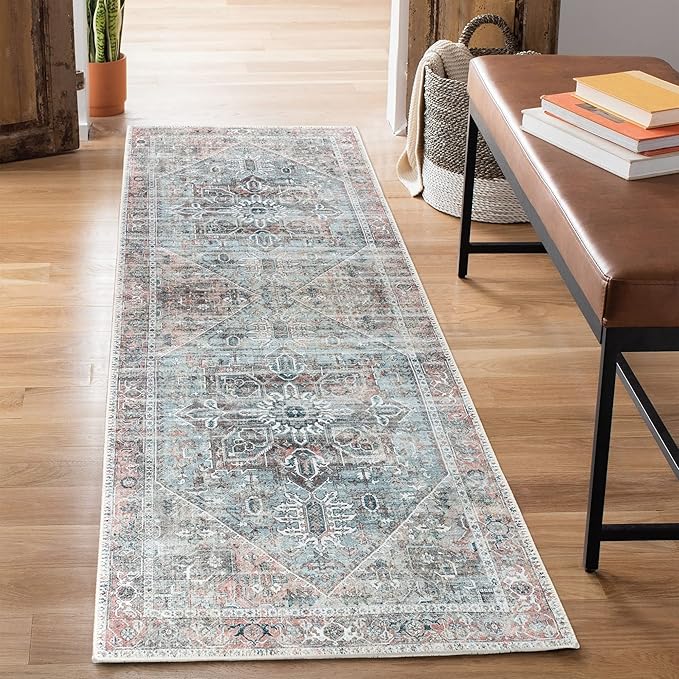 Bloom Rugs Washable Non-Slip 10 ft Runner - Light Pink/Light Blue Traditional Medallion Runner for Entryway, Hallway, Bathroom, and Kitchen - Exact Size: 2.5' x 10'