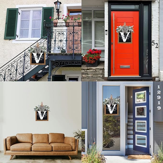 14’’ Last Name All Year Round Front Door Wreath, 26 Letter Welcome Sign Door Wreaths for Front Door Outside, Welcome Garland and Eucalyptus and Bow Suitable for All Seasons for Outdoor Decoration (V)