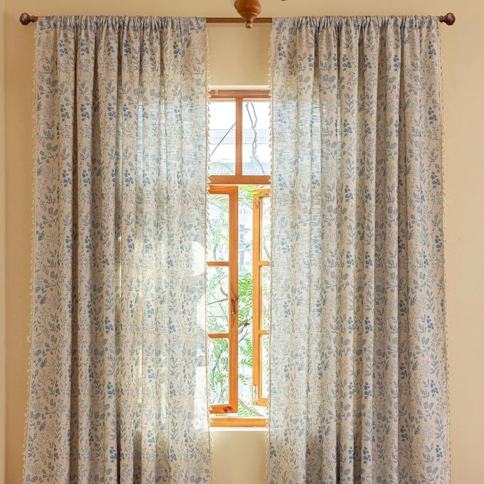 OYX French Beige and Blue Floral Curtains 96 Inch Long 2 Panels for Living Room, Navy Flower Patterned Light Filtering Farmhouse Drapes for Bedroom, Vintage Rustic Country Rod Pocket WindowTreatments