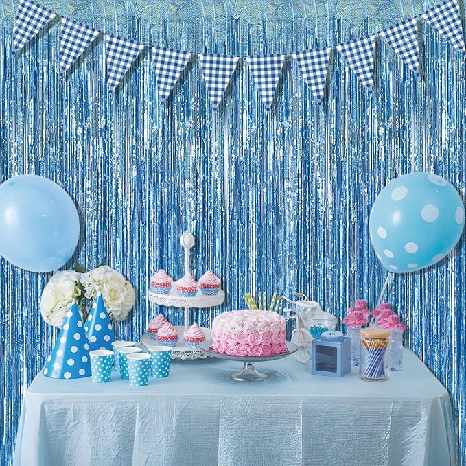 BRAVESHINE Light Blue Tinsel Foil Fringe Curtains - 2Pcs 3.2x8.2 ft Metallic Holiday Streamers Backdrop for Christmas/Winter’s Snowflake/Frozen/Birthdays/Mermaid/Bachelorette/Engagement Party Decor