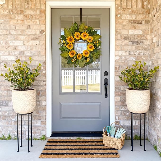24 Inch Sunflower Wreath for Front Door – Artificial Spring Summer Wreath with Greenery, Ferns & Boxwood Leaves – Bright Yellow Floral Farmhouse Door Decor for Home Porch Wall Indoor Outdoor