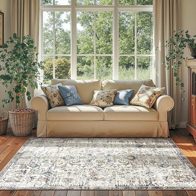 jinchan Kalen Area Rug 4x6 Washable Bedroom Rug Vintage Indoor Thin Floor Cover Retro Distressed Floral Country Boho Lightweight Non Slip Carpet for Kitchen Living Room Dining Room Office Blue