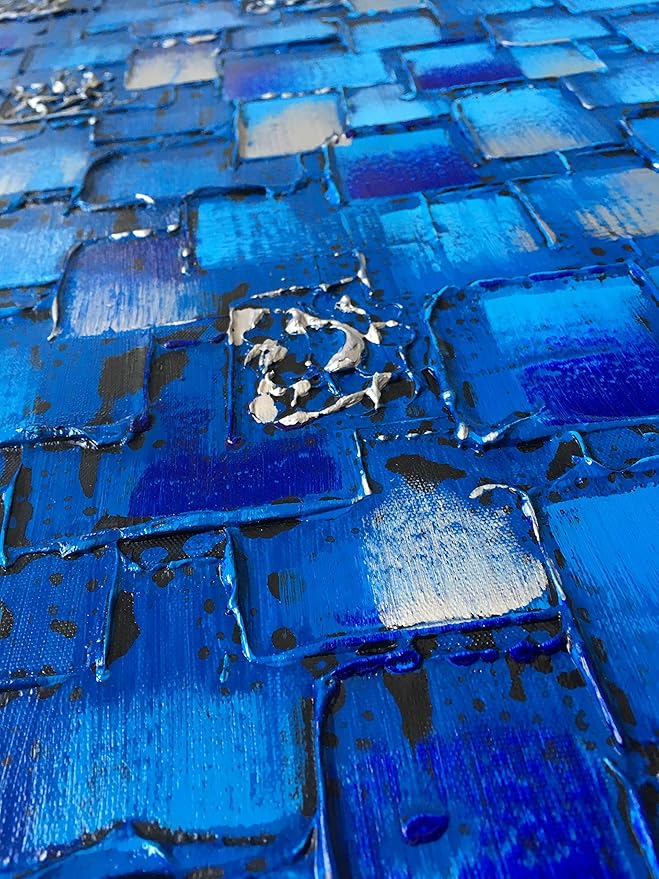 MyArton Thick Textured Abstract Squares Canvas Wall Art Hand Painted Artwork Modern Dark Blue add Silver Oil Painting for Home Decor Framed Ready to Hang 48x24inch