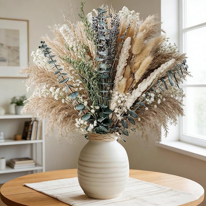 80 Pcs DIY Dried Floral Arrangement Kit - 17" Natural Eucalyptus, Lavender & Bunny Tails - Real Preserved Bouquet for Vase, Wedding & Boho Home Decor - No Vase Included