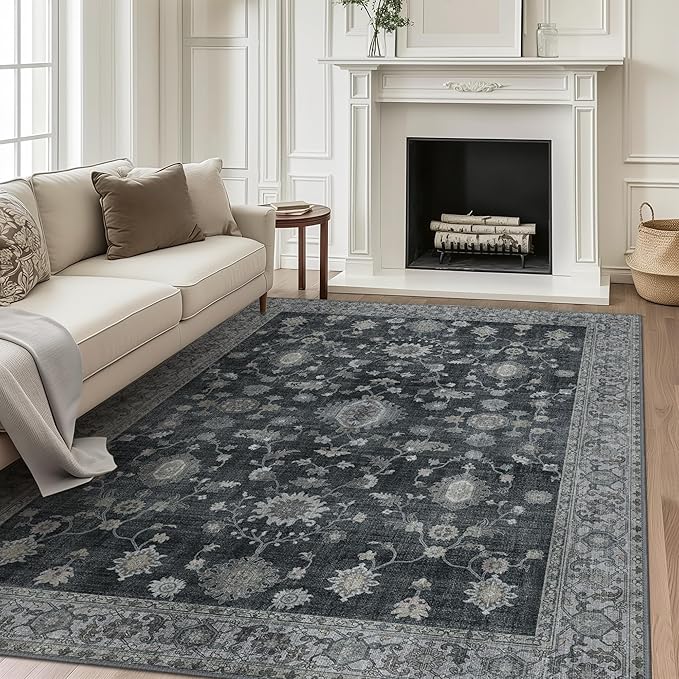 GENIMO Machine Washable 8x10 Area Rugs for Living Room, Non Slip Vintage Rugs, Low Pile Lightweight Chenille Print Rug for Bedroom, Dining Room, Home Office, Charcoal