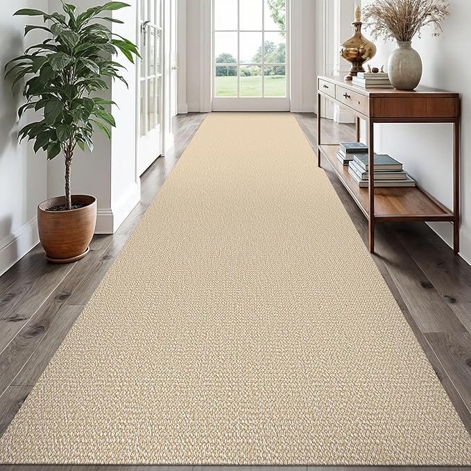 EARTHALL Extra Long Runner Rug 3x18 Ft Washable Runners for Hallways Cotton Non Slip Entryway Runner Braided Kitchen Runner Indoor Outdoor Carpet Runners for Hotels, Officel, Stair, Golden Beige/White