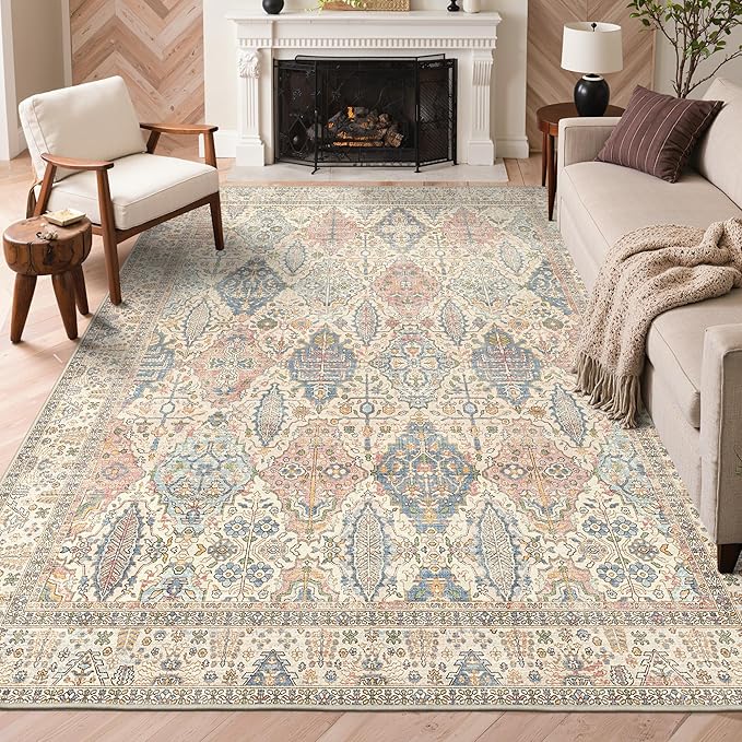 GENIMO 8x10 Area Rugs for Living Room, Machine Washable Non Slip Vintage Rugs, Low Pile Lightweight Chenille Print Rug for Bedroom, Dining Room, Home Office, Beige Cream