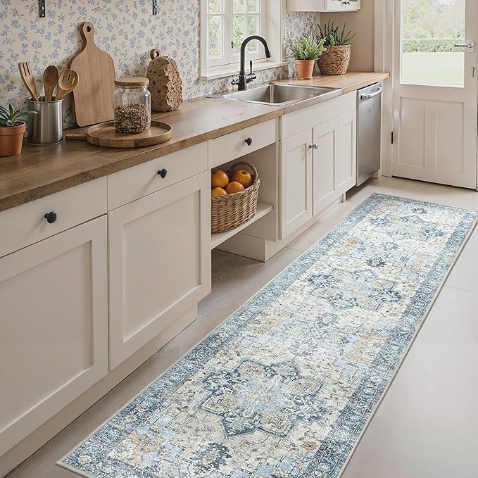 Runner Rug 2'6''x10, Non Slip Vintage Hallway Runner Rugs, Low Pile Lightweight Machine Washable Mat for Hallway, Entryway, Bedroom, Kitchen and Corridor, Blue