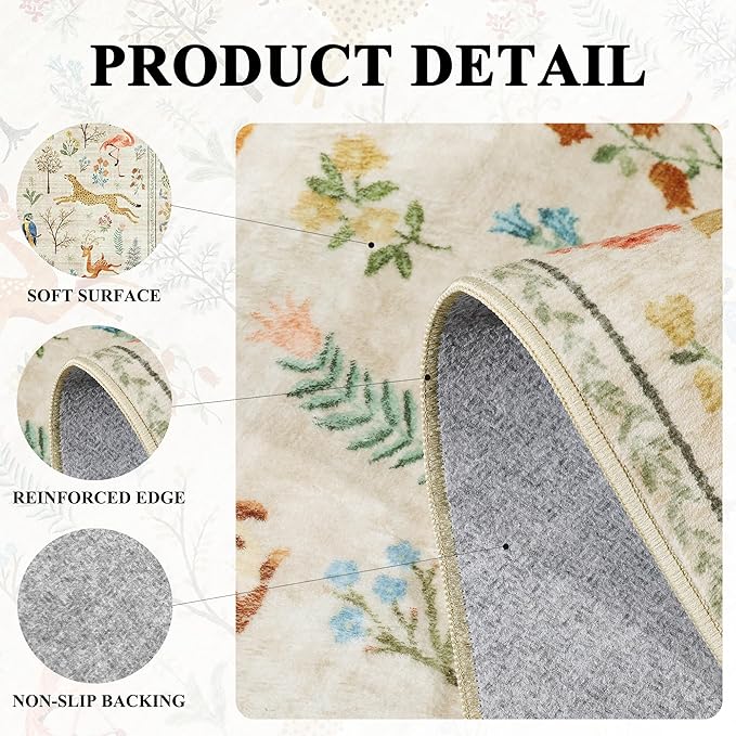 DUKINO 2x10 Rug for Hallway, Washable Kitchen Runner Rug with Non Slip Backing, Soft Low Pile Vintage Animal Runner for Bedroom, Kitchen, Hallway, Entryway, Laundry, White