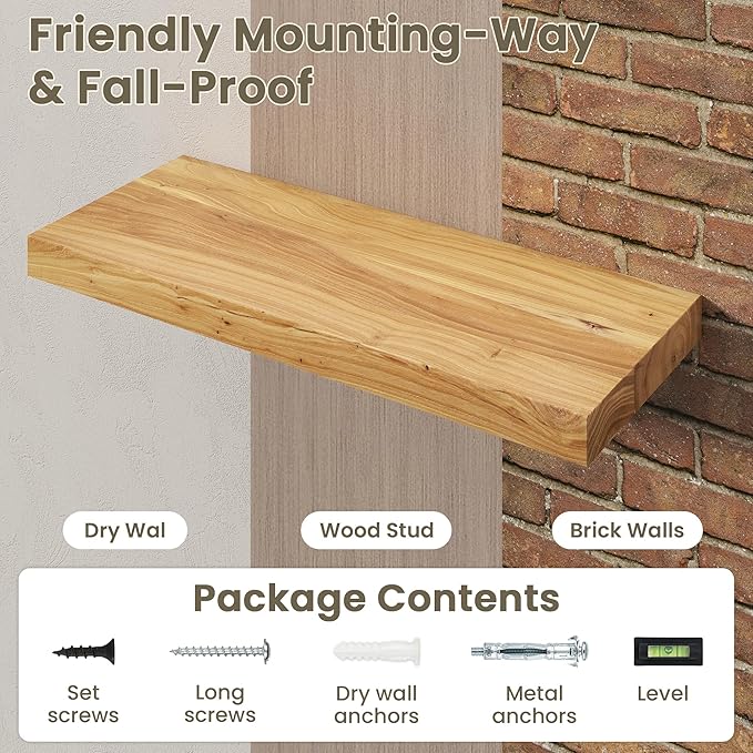 Fun Memories Solid Elm Wood Floating Shelves Set of 1-48 Inch Rustic Wall Shelves with Heavy-Duty Invisible Brackets - for Living Room, Kitchen, Bedroom, Bathroom - Natural Finish