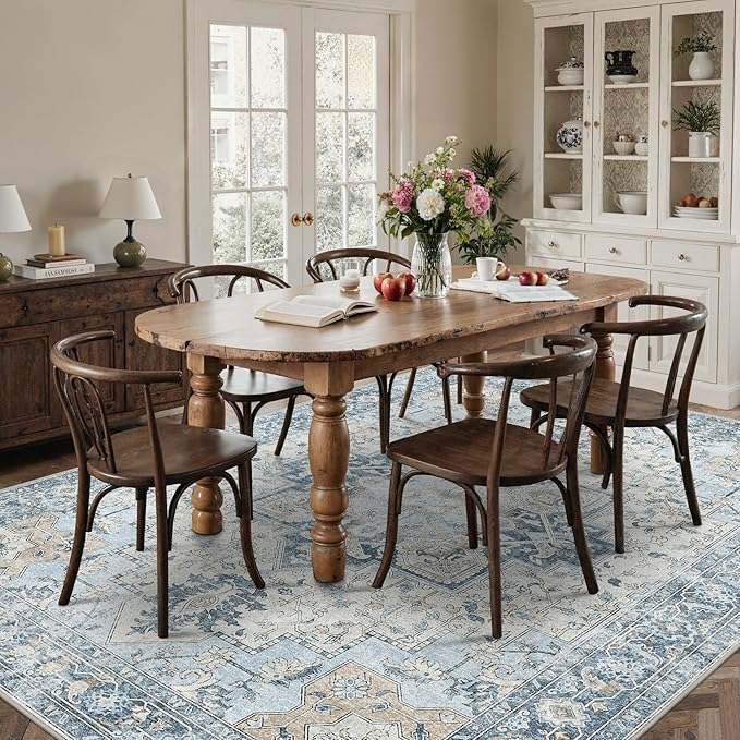 9x12 Area Rugs for Living Room, Machine Washable Non Slip Vintage Rugs, Low Pile Lightweight Print Rug for Bedroom, Dining Room, Home Office, Blue