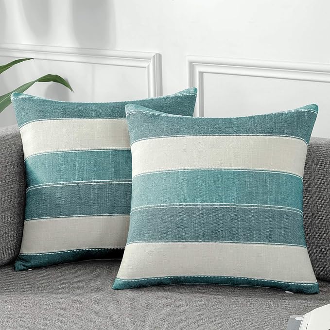 AmHoo Pack of 2 Farmhouse Stripe Check Throw Pillow Covers Set Case Cotton Linen Decorative Pillowcases Cushion Cover for Couch Bench Sofa 16x16Inch Teal Blue