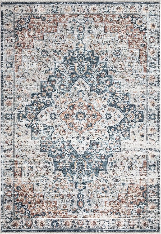 Bloom Rugs Caria Washable Non-Slip 3x5 Rug - Terracotta/Teal Traditional Area Rug for Living Room, Bedroom, Dining Room, and Kitchen - Exact Size: 3' x 5'