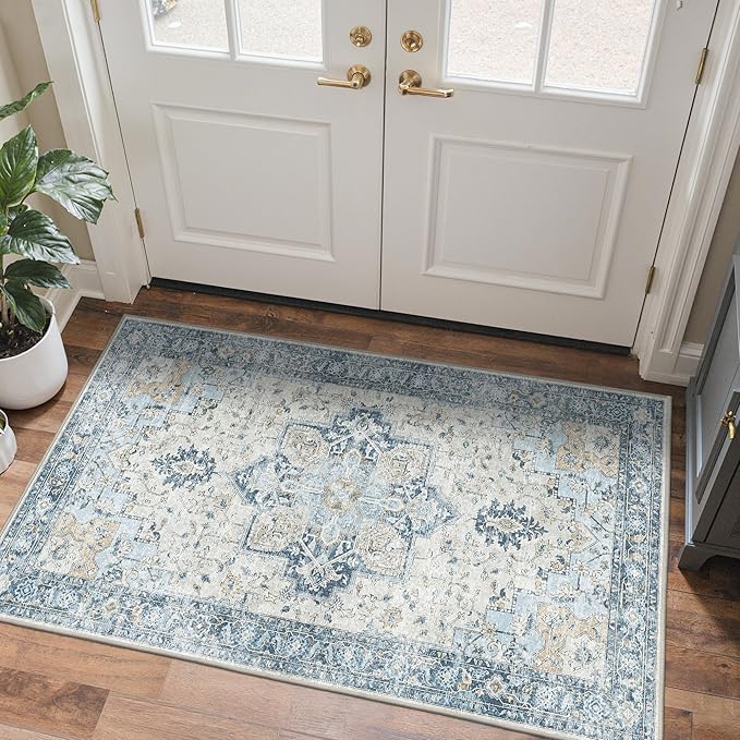 3x5 Area Rugs for Living Room, Machine Washable Rug, Non Slip Vintage Rugs, Low Pile Lightweight Print Rug for Bedroom, Dining Room, Home Office, Blue