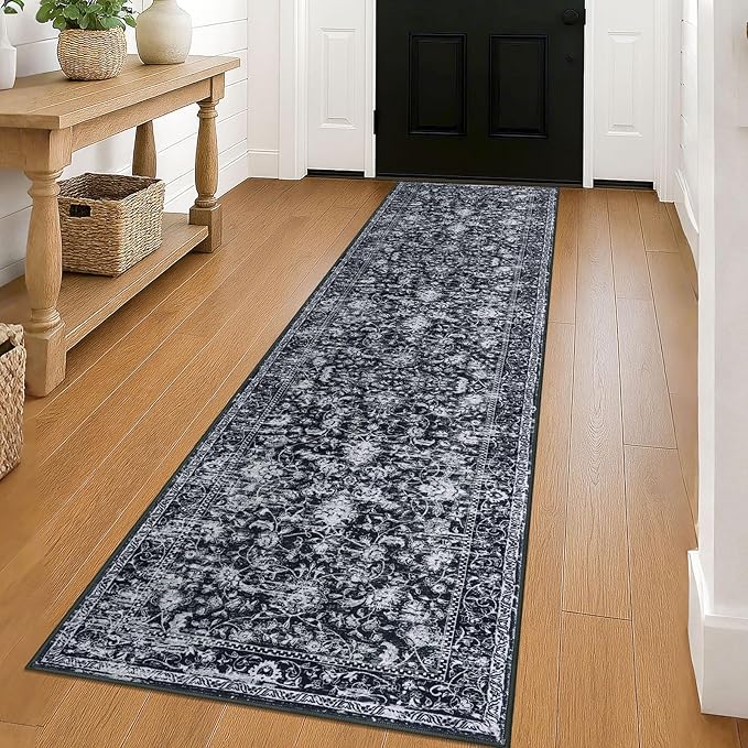 KILOCOCO Hallway Runner 2x8 Rug Runner Printed Vintage Floral Washable Kitchen Runners Non-slip Rubber Backed Runners for Hallways Distressed Thin Soft Rugs for Entryway Laundry Room, Black/Navy/White