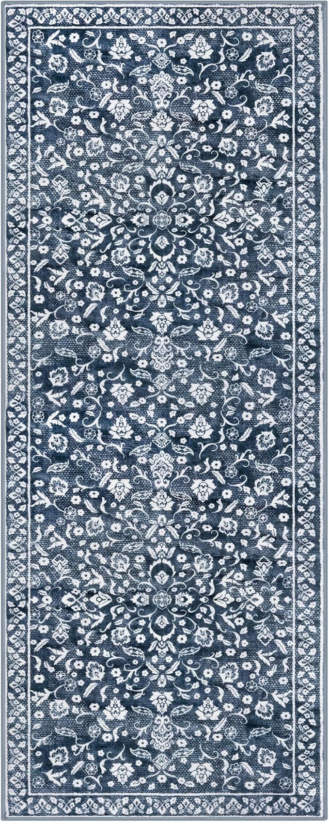 Vintage Washable 2x5 Rug Runner, Navy Runners for hallways, Super Soft Kitchen Runner Rug Non Slip, Print Faux Wool Floral Thin Carpet Runner for Entryway Indoor Bedroom