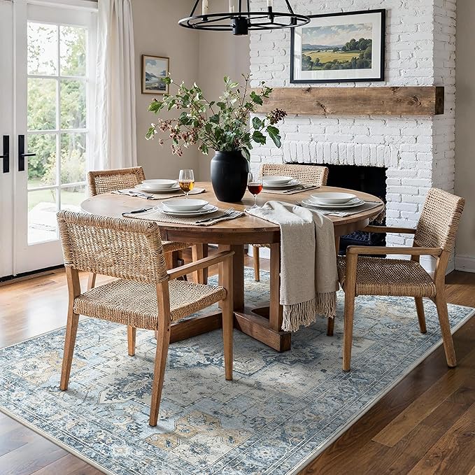 5x7 Area Rugs for Living Room, Machine Washable Rug, Non Slip Vintage Rugs, Low Pile Lightweight Print Rug for Bedroom, Dining Room, Home Office, Blue