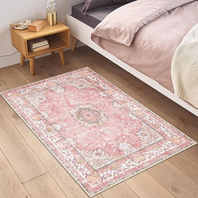 Small Rugs 2'x3',Pink Rug for Entryway Bathroom Kitchen Entrance Doormat,Boho Vintage Bohemian Distressed Washable Accent Indoor Mat Floor Throw Carpet Non Slip,Blush Floral Flowers