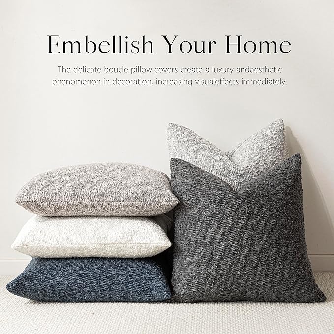 Foindtower Set of 2, Decorative Textured Boucle Throw Pillow Covers Accent Solid Pillow Cases Neutral Soft Cozy Couch Cushion Case for Chair Sofa Bedroom Living Room Home Decor 16 x 16 Inch Dark Grey