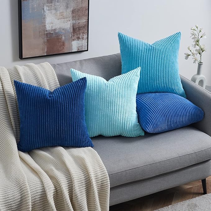 Topfinel Blue Decorative Throw Pillow Covers 16x16 Inch Set of 4,Soft Accent Corduroy Striped Gradient Color Small Cushion Cover for Beach,Patio,Balcony,Couch Living Room,Summer Home Decor