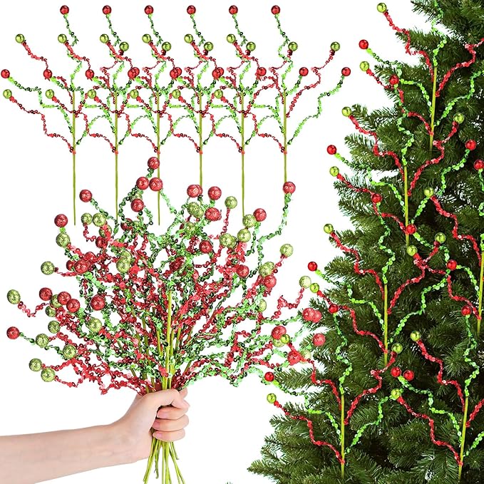Norme 12 Pcs Red and Green Christmas Glitter Ball Tree Picks and Spray Christmas Tree Topper Decoration 13.8 Inch Artificial Glittery Curly Stem Twigs Branches for Xmas Vase Filler Craft Supplies